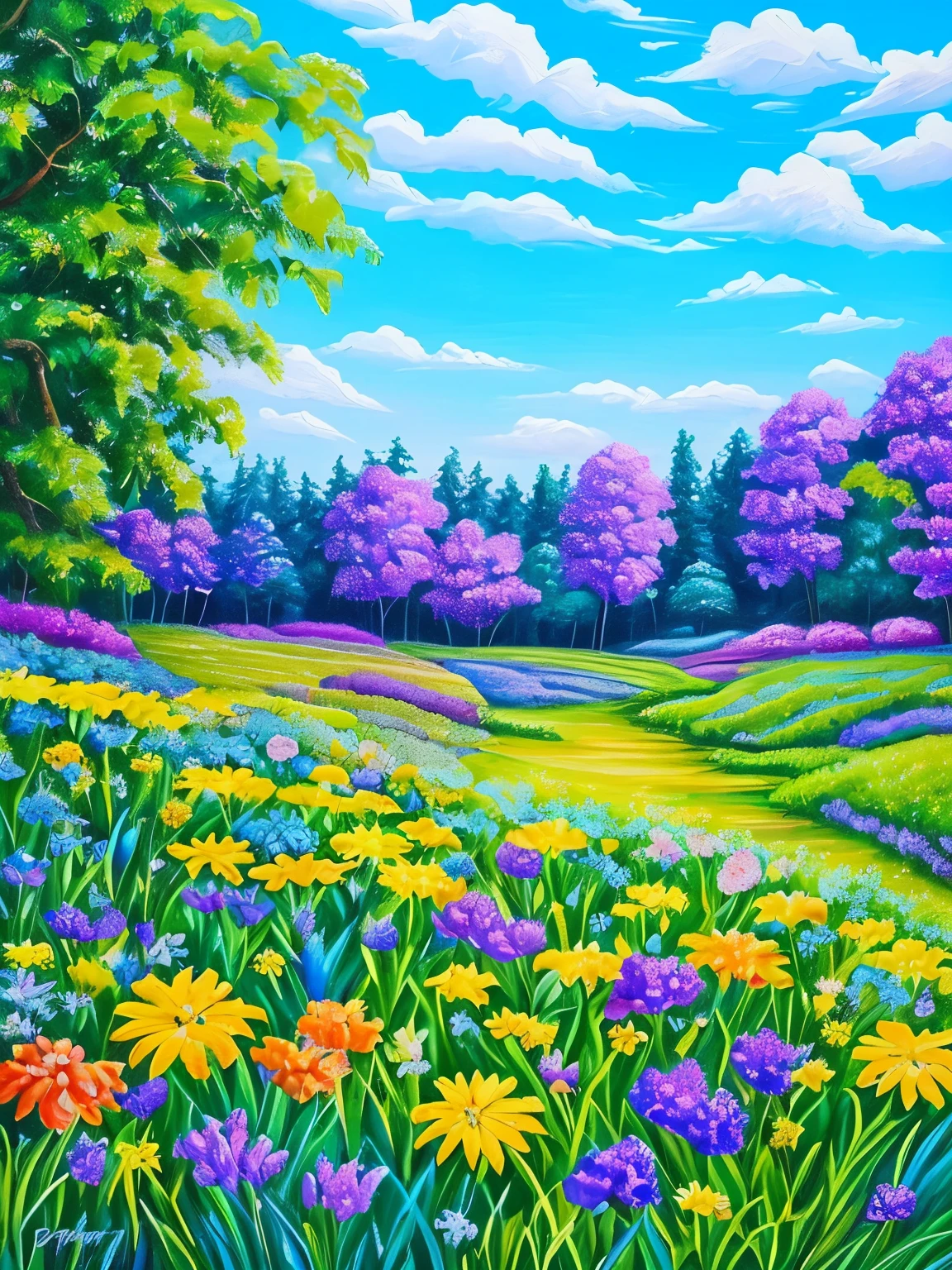 painting of a painting of a field of flowers with a sky background, a detailed painting inspired by Pamela Ascherson, trending on cg society, metaphysical painting, blue and purple plants, vines and blue foliage, forest with flowers blue, blue forest, blue and violet, plants growing on it. gouache, lush garden leaves and flowers, detailed acrylic painting, blue and purple