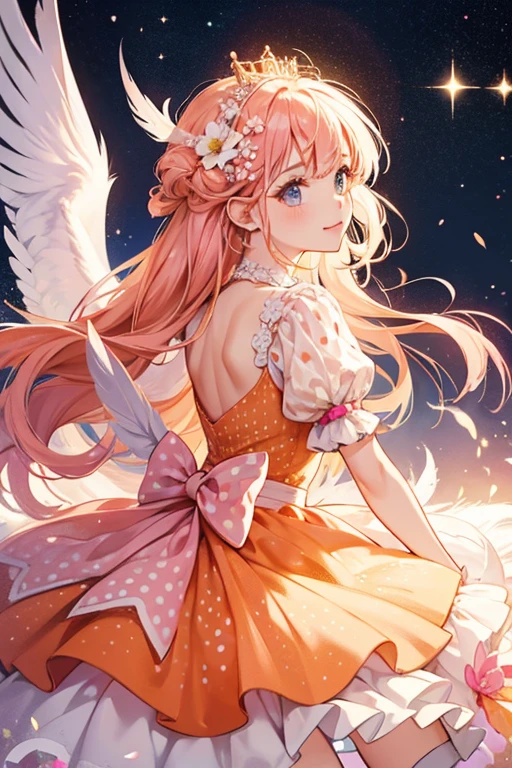 She has white feathers with orange and wears a pink polka-dot dress with a flower on one side of her head. SPARKLE; GLITTER