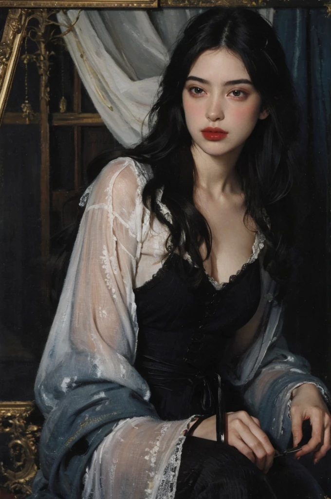 (Oil painting: 1.5),

\\

A woman with long black hair, (a detailed painting: 0.353), (Gothic art: 0.106)
