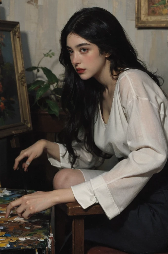 (Oil painting: 1.5),
\\
A woman with long black hair, (a detailed painting: 0.353), (Gothic art: 0.106)