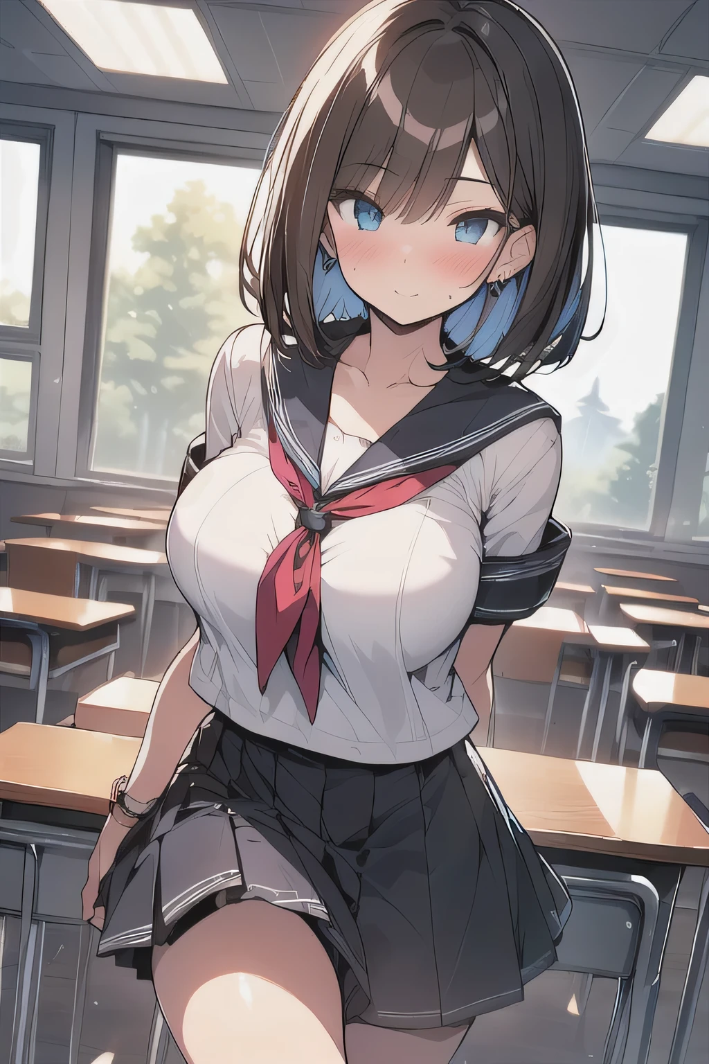 (best quality), (Super detailed), (Best Illustration), (masterpiece), (woman), {(white serafuku)}, (large breasts:1.2), {brown hair, (sideburns), (bob cut:1.3), curly hair, hairs between eyes, colored inner hair}, {(detailed eyes), blue eyes}, blush, earring, wind, classroom