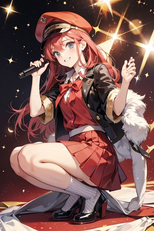 red cap, skirt and shoes. SPARKLE; GLITTER
