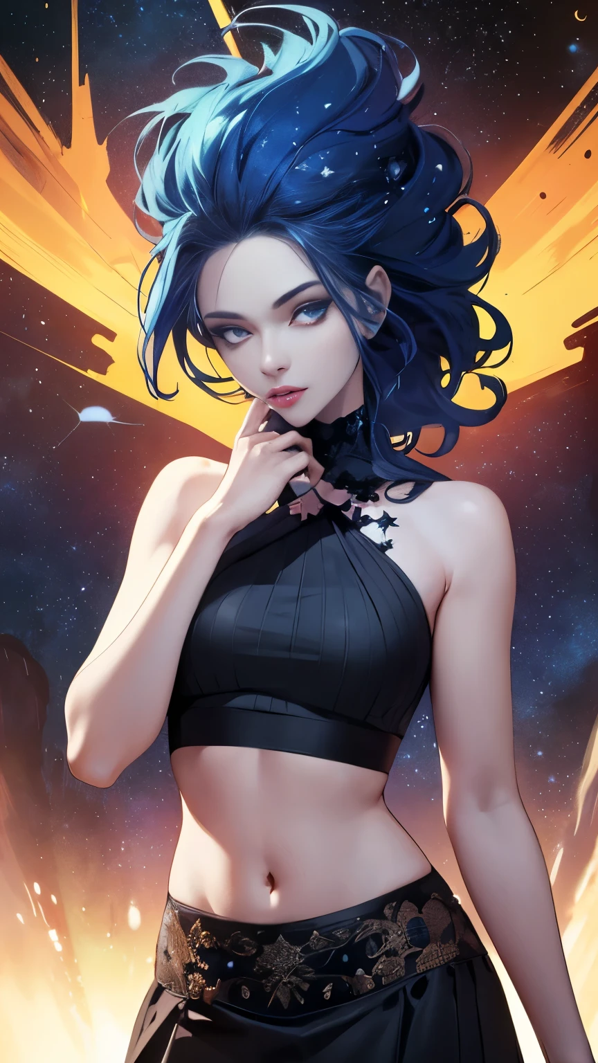 (Highly quality, masterpiece, detailed), Deep Space detailed scenario, Deep space detailed background, 20 years old girl, solo, singularity, blue skin, star skin, Colored Skin, glowing, glowing eyes, bare shoulders, long hair, Star on the girls body, black top, crop top, black skirt, Abdomen, Navel, beautiful eyes, perfect eyes, looking at the viewer, Sexy pose