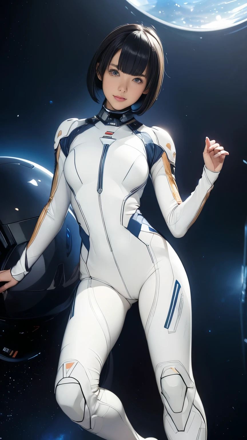 (masterpiece、best quality、Maximum resolution、Clear_image、details): (Full body picture、15 year old girl、Japanese Face、Small face、Thin、Navy Blue Super Short Bob Hairstyle、blue eyes、((Navy long sleeve space suit、Space Helmet))、earphone、Cosmic Tote Bag、Cute、gentle smile、Soft expression、earphone、(((Knee-high boots)))、Gloves come to elbow length、Shoot at eye level、face directly、Woman on a spaceship), (((Camel toe))), ((Plain white tights))