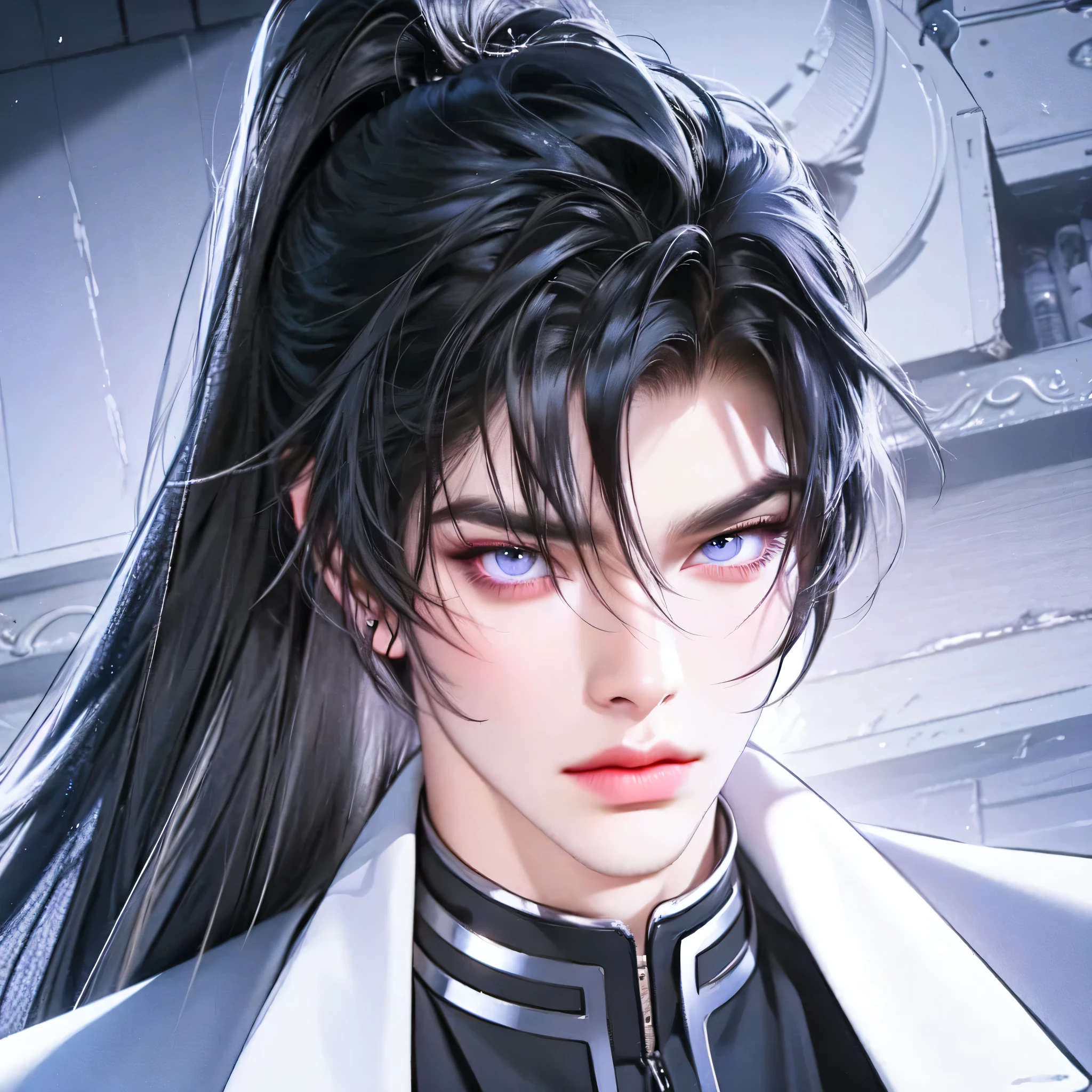 high quality, 8k, Ultra detailed, hdr, human only, studio light, Masterpiece, front of a face, Handsome face, Focus on your audience, handsome man, black hair, azure big beautiful purple eyes, closed mouth, messy hair, dynamic pose realistic, detailed and correct facial structure, pomade hair style
