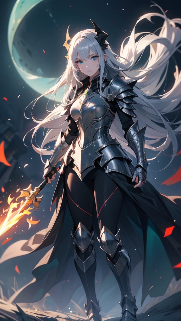 masterpience, best quality, high quality, 8k, anime demon girl, full body, imponent position,dragon armor, very detailed armor, no helmet, silver long hair, green eyes, flame sword, castle background, glowing aura, night sky, stars, realistic ilumination, best quality ilumination.