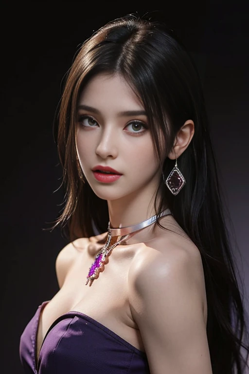 (((masterpiece+best quality+high resolution+ultra-detailed))), boa hancock, long silky black hair, high nose, sharp eyes, noble and inviolable temperament, (([female]: 1.2 + [beauty]: 1.2 + black long hair: 1.2)), snake_skull background, bright eyes, dynamic angle and posture.