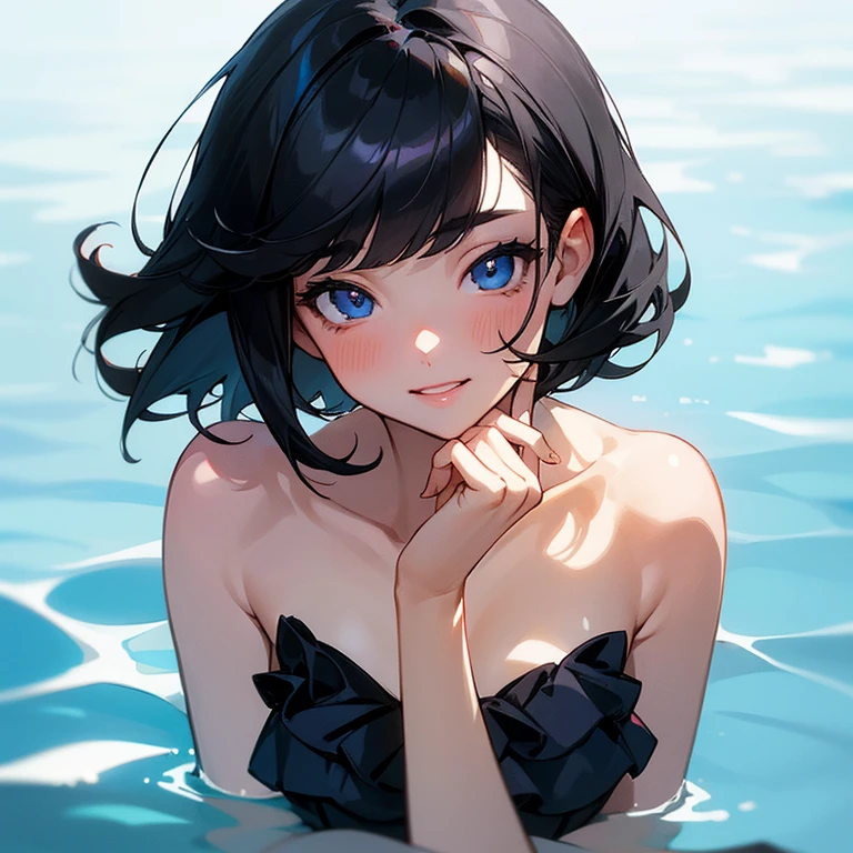 (Female):smile, cute face, beautiful eyes, beautiful hair, delicate lips, slightly red cheeks, Perfect face, perfect human fingers, upper body,medium short hair:1.3, bangs, (((black hair))), navy blue frill swimming suit