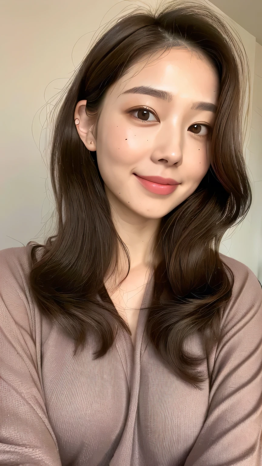 ((highest quality, 8k, masterpiece: 1.3)), 1 female, Japanese Mature,Sensual beauty: 1.3, (Hair style Brown hair Medium wave, big: 1.2), Nightwear: 1.1, Super slender face, Delicate eyes, double eyelid, Dimples,Mole, Home,relax,smile,Plump body,