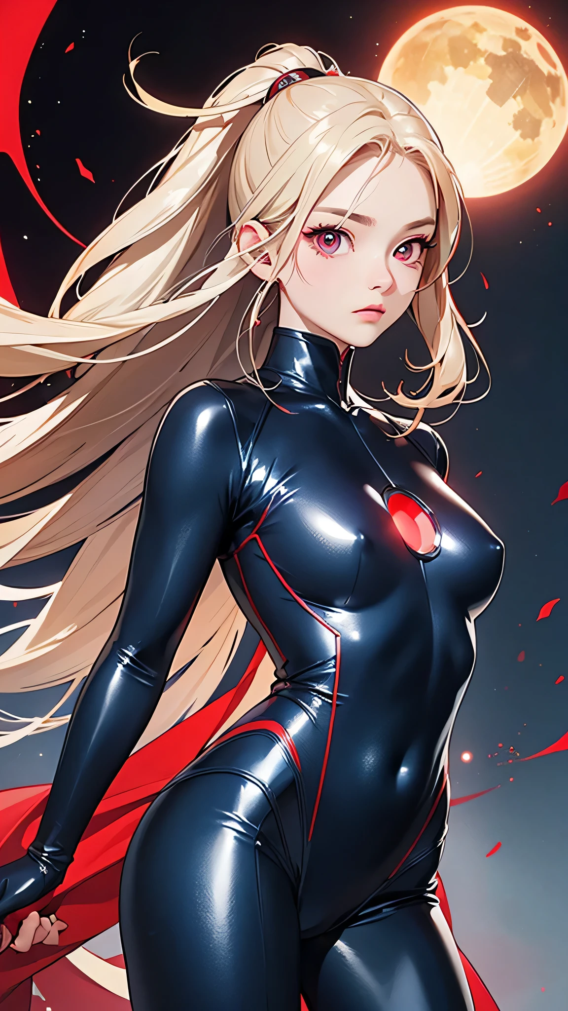 highest quality、Realistic、female、Japanese、zoom、cute、Red glowing eyes、Blonde Hair、long hair、Dark blue hero suit、Silver accents、Shiny bodysuit、blue sky、Fly