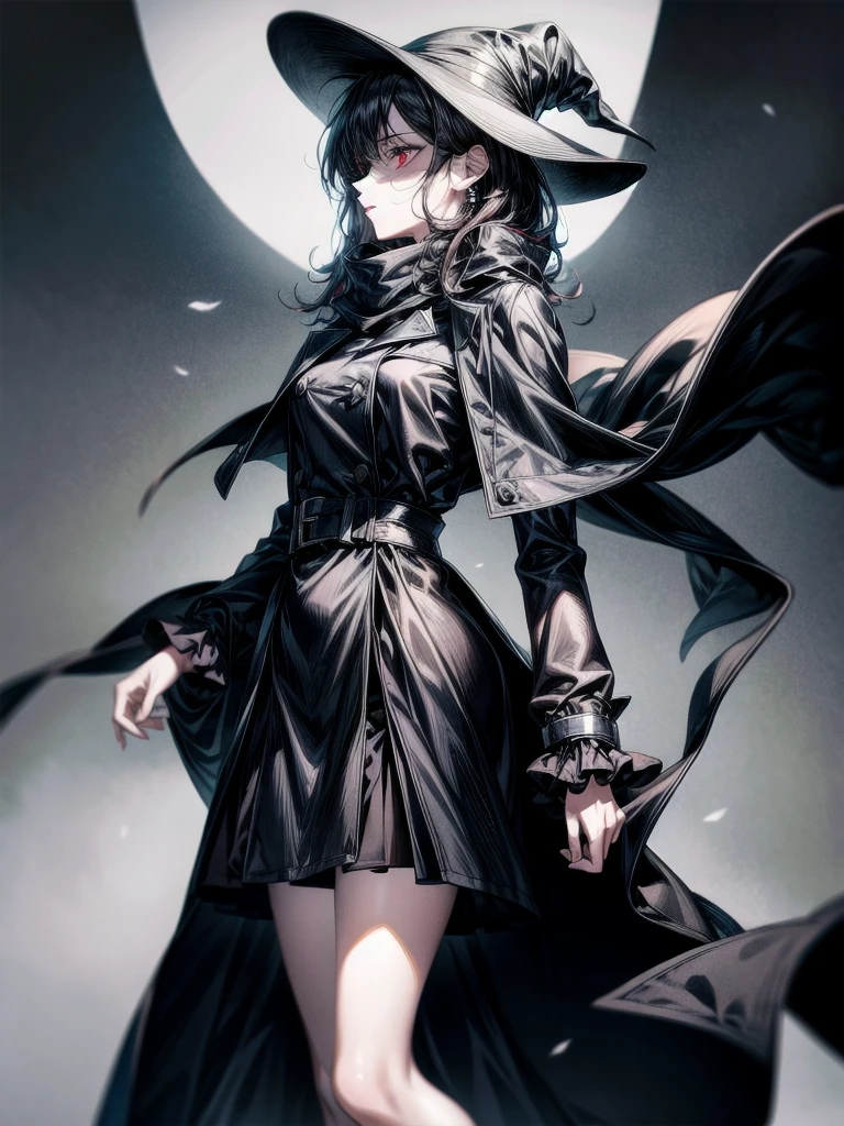 black French hat, black trench coat, Black scarf, Gauze wrapped around the neck, absurdres, RAW photo, extremely delicate and beautiful, masterpiece, Best Quality, ultra high resolution, 32k, hyperrealistic, ultra-detailed, detailed description, pale skin, 20 years old, tearful mole, earring, short medium hair, wavy hair, full body shot, legs, Red eyes,