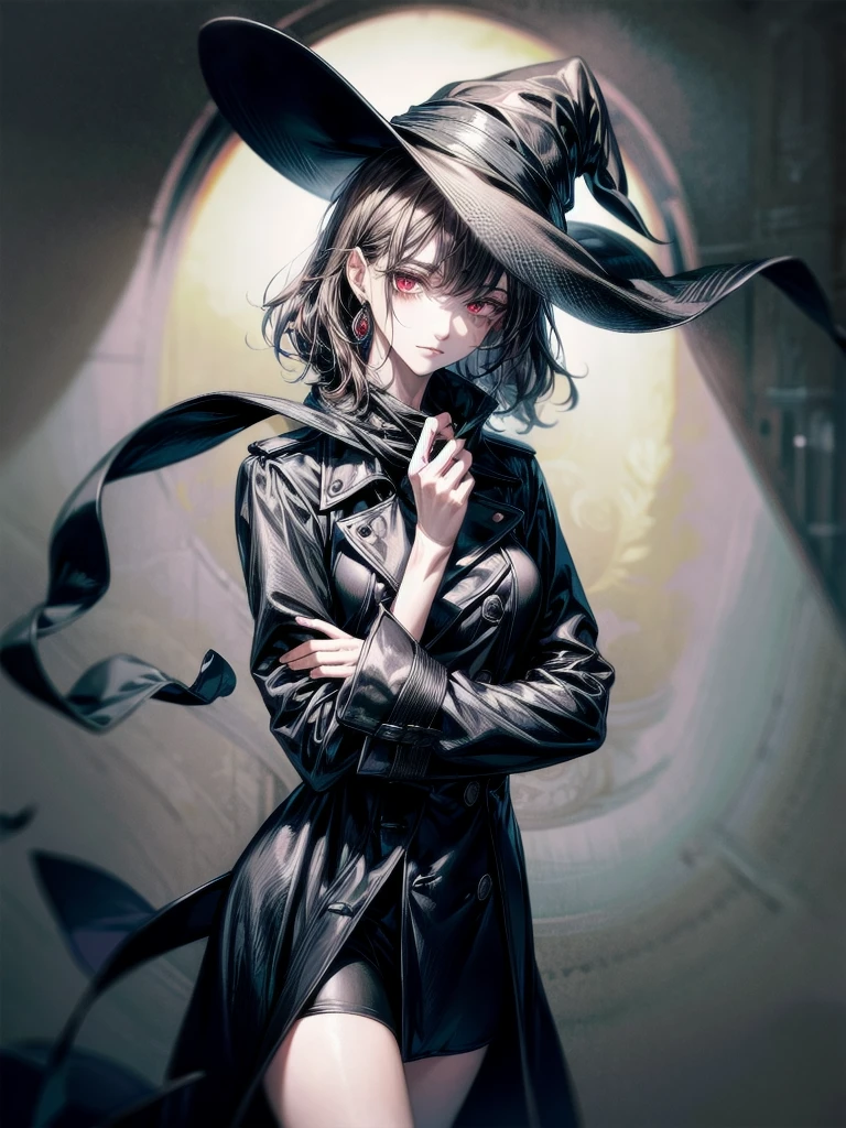black French hat, black trench coat, Black scarf, Gauze wrapped around the neck, absurdres, RAW photo, extremely delicate and beautiful, masterpiece, Best Quality, ultra high resolution, 32k, hyperrealistic, ultra-detailed, detailed description, pale skin, 20 years old, tearful mole, earring, short medium hair, wavy hair, full body shot, legs, Red eyes,