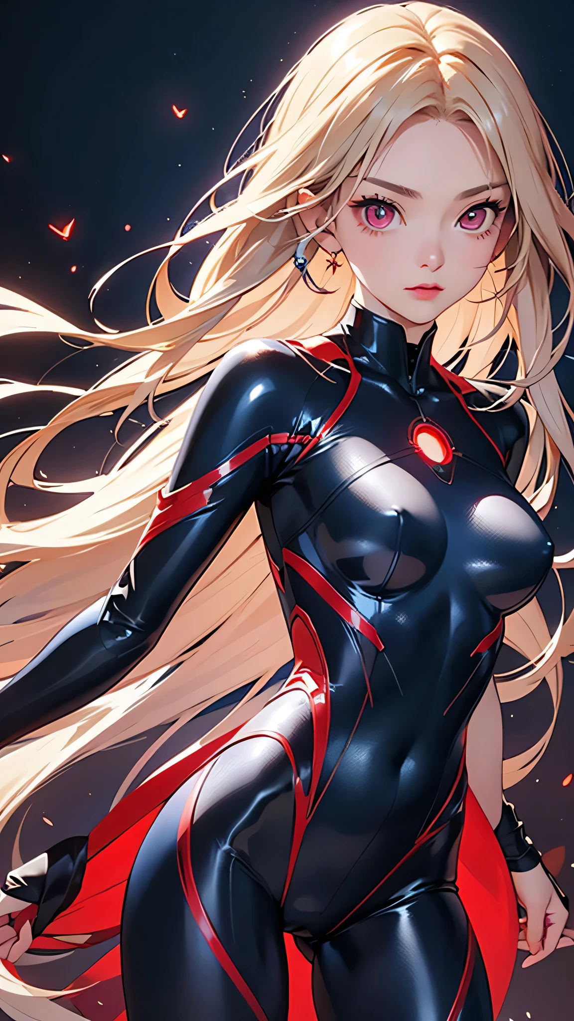 highest quality、Realistic、female、Japanese、zoom、cute、Red glowing eyes、Blonde Hair、long hair、Dark blue hero suit、Silver accents、Shiny bodysuit、blue sky、Fly