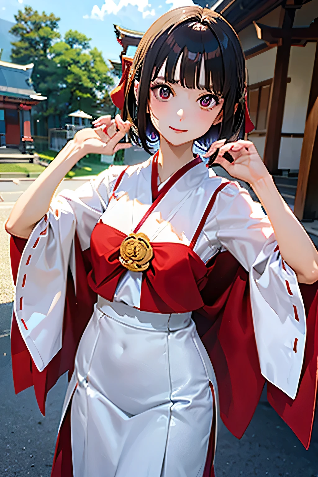 Shrine maiden clothes, shrine background, slim body, medium breasts, elegant pose, pixie cut hairstyle, brunette hair, front view