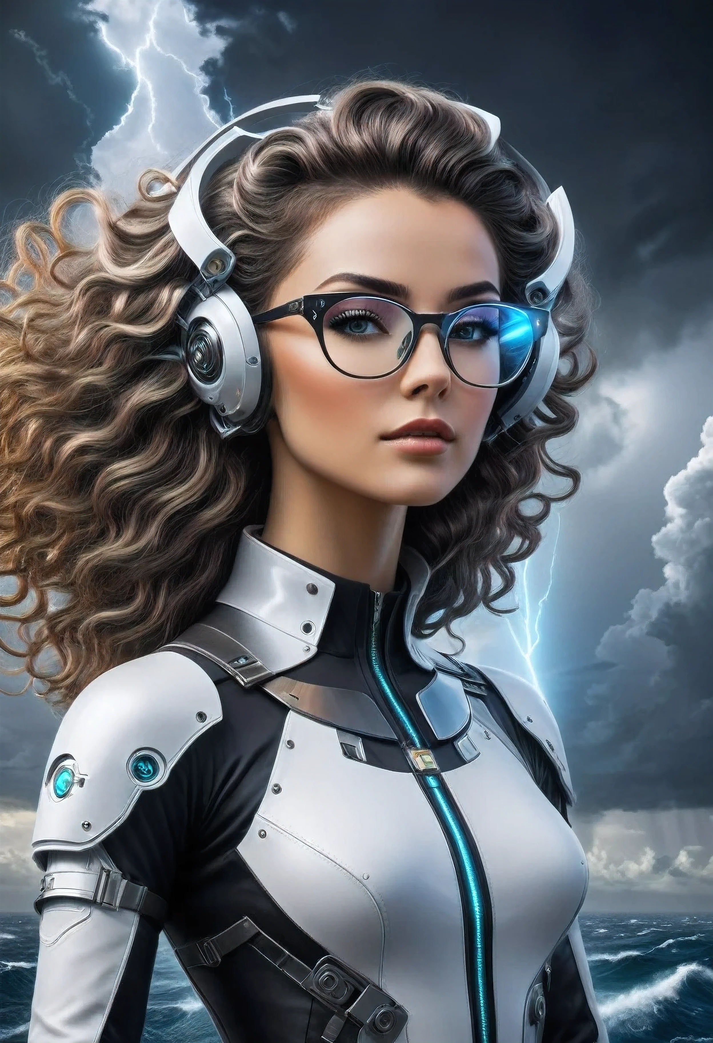 A beautiful woman with refined and confident features, wearing modern glasses that highlight her determined expression. Her wavy hair falls elegantly over her shoulders. She is wearing a futuristic outfit, combining high-tech elements with contemporary elegance. Her posture is firm and self-confident, reflecting a mixture of sophistication and fearlessness. It is positioned at a central point on the ship launching platform, located on a large stretch of coastline. The platform's giant gates are open, revealing the vast mechanized object in the background. The sea stretches as far as the eye can see, creating a feeling of infinity and mystery. In the sky, dark and imposing clouds mix, creating a tense and exciting atmospheric environment. Between these clouds, streaks of light break through, adding a dramatic and magical touch to the scene. In the background, a rainbow appears, contrasting with the darkness of the clouds and adding an element of hope and beauty.
