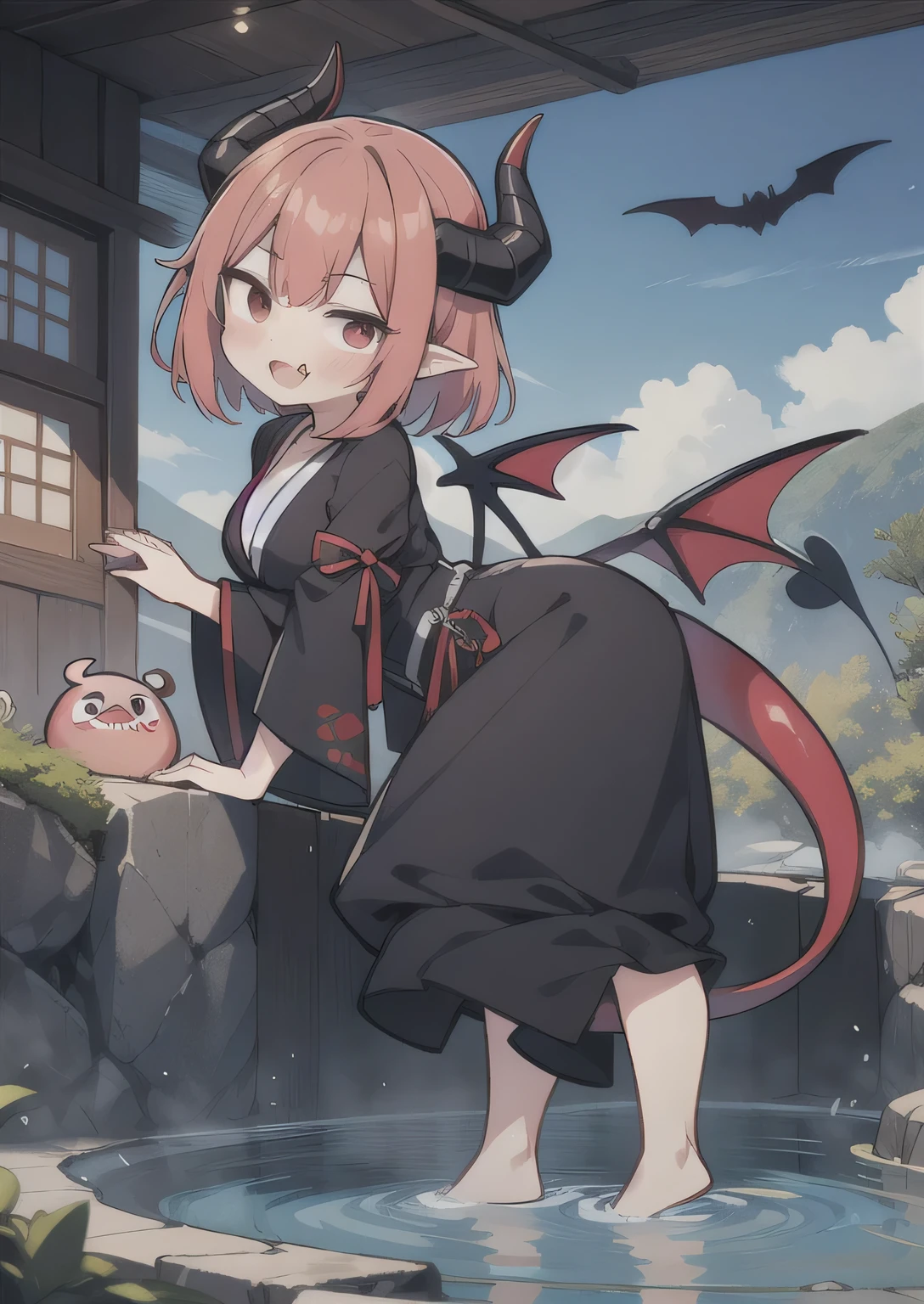 8K, 1girl, petit, adult. kawaii vampire, crimson hair, short hair, red eyes, fang, bat wings, smile, (blush), (shy), pointed ears, looking at viewer, dynamic angle, wind, game cg, fantastic scenery, devil tail, demon tail, thin tail, black horns, medium breast, show full body, hot springs, yokai, yokai pet, monster, latex outfit, latex, sexy, horny, shiny