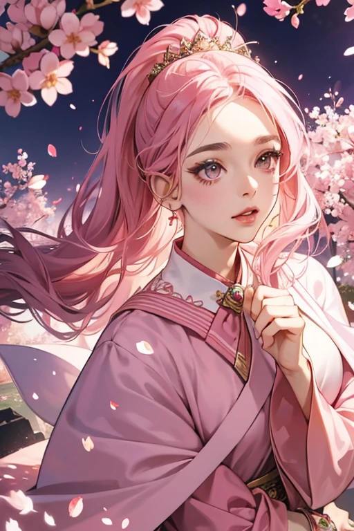 Pink Cherry blossom petals on her face and not only face also her head, she has a cape which isn't connected to her skin, she has pink arms, she has 3 checkers on her body, she has pink feet. SPARKLE; GLITTER