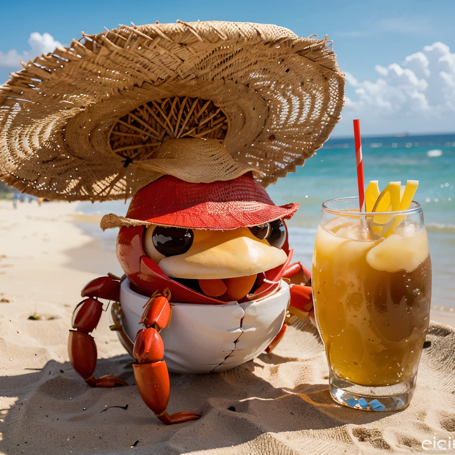 Create a crab using a straw hat from Chico Science. Ele deve estar bebendo uma cerveja e o desenho deve ser estilo cartoon