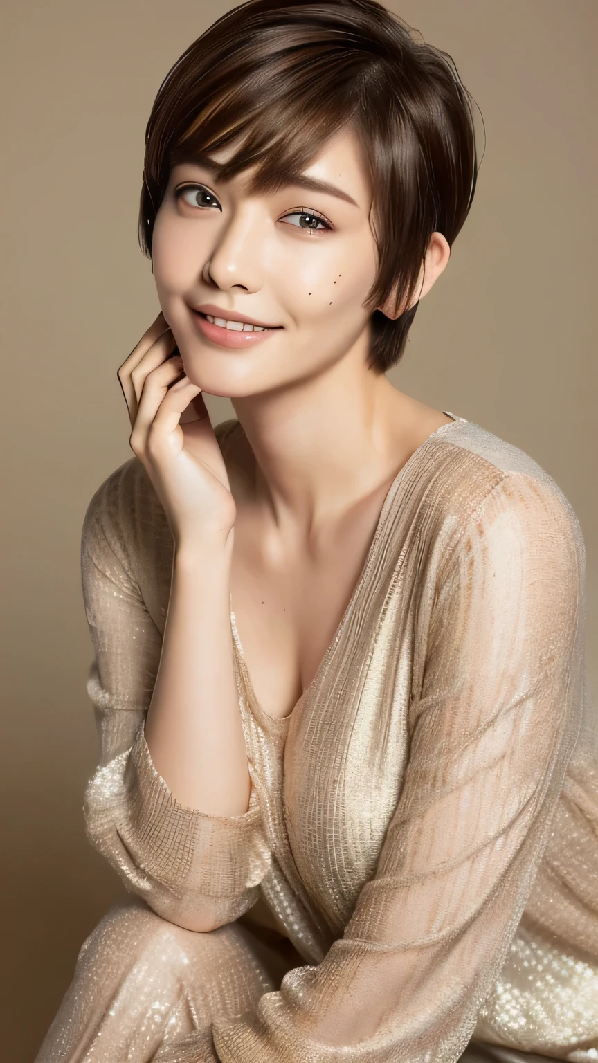 ((highest quality, 8k, masterpiece: 1.3)), 1 female, Japanese Mature,Sensual beauty: 1.3, (Hairstyle Brown Hair Pixie Cut: 1.2), Nightwear: 1.1, Super slender face, Delicate eyes, double eyelid, Dimples,Mole, Home,relax,smile,Plump body,