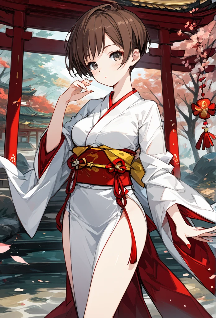 Shrine maiden clothes, shrine background, slim body, medium breasts, elegant pose, pixie cut hairstyle, brunette hair, front view