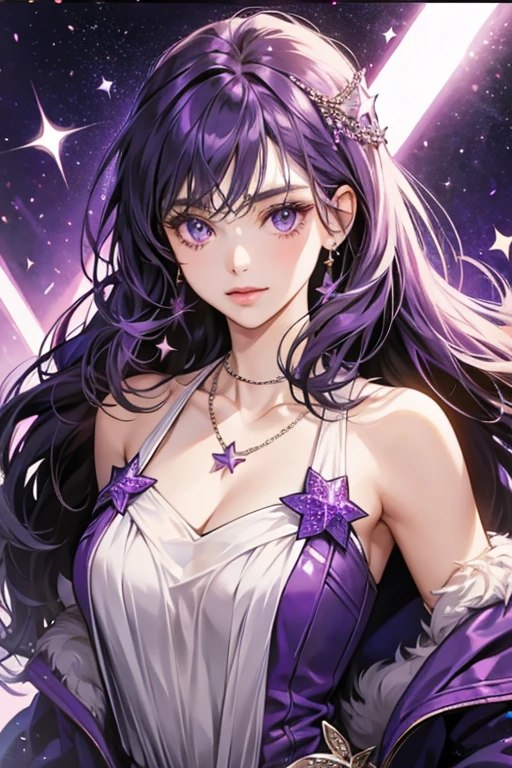 She has a necklace with a purple star. SPARKLE; GLITTER