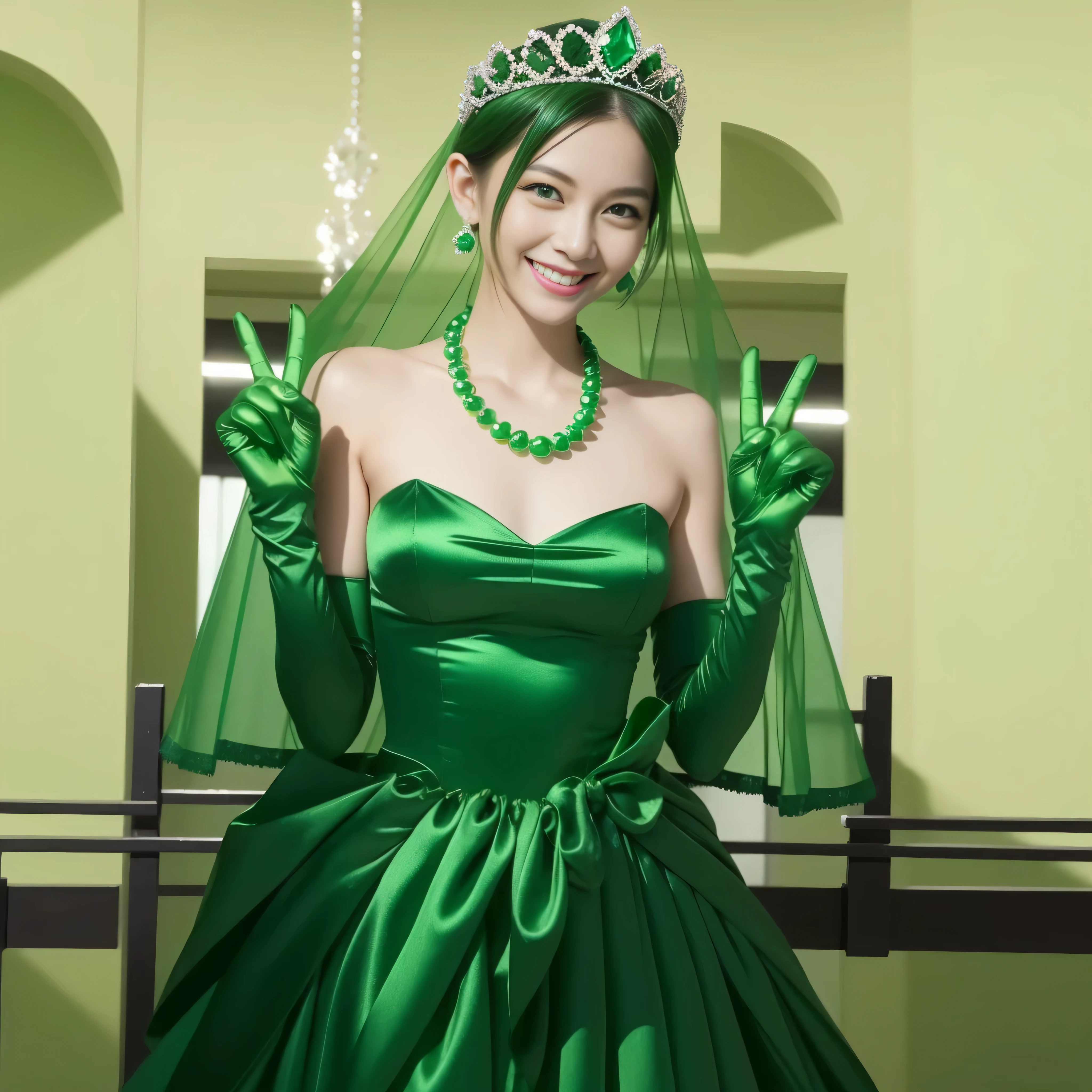 Emerald tiara, Green Pearl Necklace, Boyish very short green hair, lipstick, Smiling Japanese woman, Very short hair, Big and beautiful, Green Eyes, Long green satin gloves, Green Eyes, v sign, Emerald Earrings, Green veil