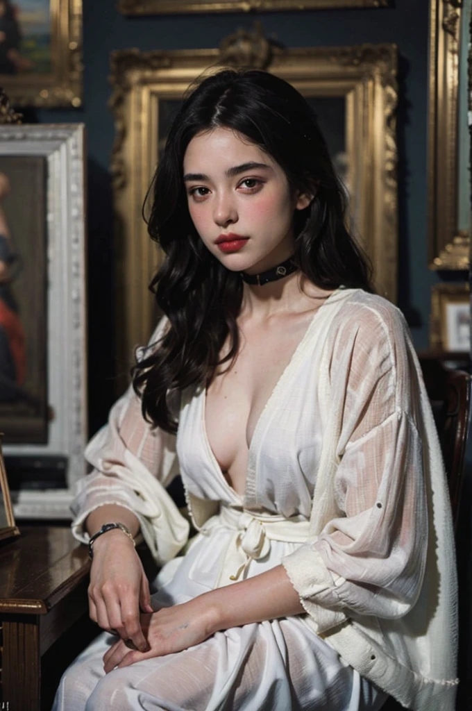 (masterpiece, top quality, best quality,8k, girl,ultra detailed,raw photo:1.5),(photorealistic:1.4),(cinematic lighting), PerfectNwsjMajic, , Surrealism, UHD, ccurate, Super detail, textured skin, High detail, Best quality, dynamic angle, (high nose,White skin),[Beautiful eyes],[flat chest:large breasts:0.5],(1girl),(good anatomy:0.5)),(Oil painting: 1.5),

\\

A woman with long black hair,(dress victoria,fashion victoria,victorian, France), (a detailed painting: 0.353), (Gothic art: 0.106)
