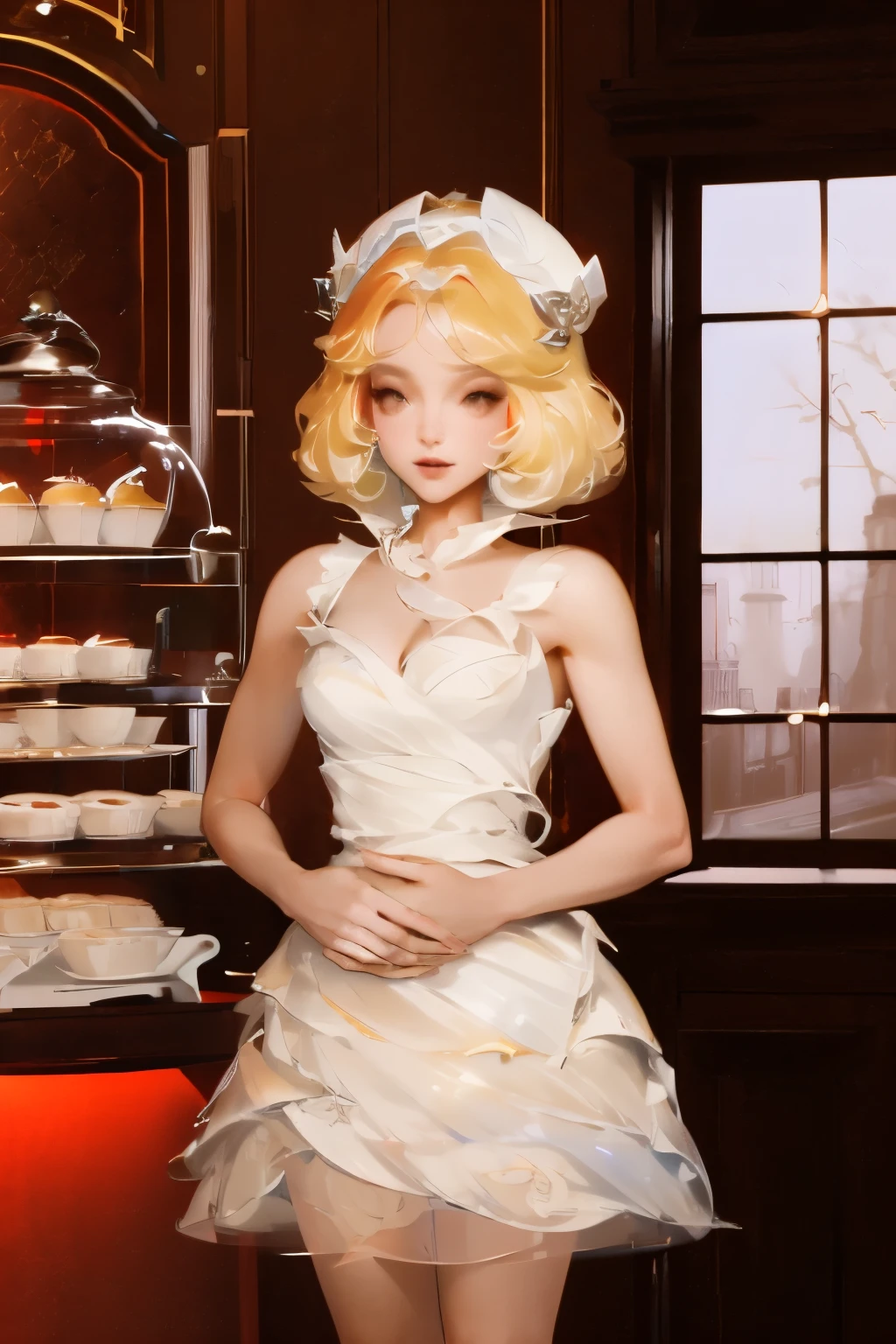 masterpiece, Very detailed, (Red Cliff:1.3), , (1 Girl), Blonde Hair, Soft colors, Comfortable atmosphere, Dessert Display Cabinet, Macaron, cupcake, tart, cake, Coffee machine, Blackboard menu, Natural Lighting, Glass jar filled with candies, Frosted window glass, Decorative plates, Whimsical Decorations, Sugar Sculpture,   