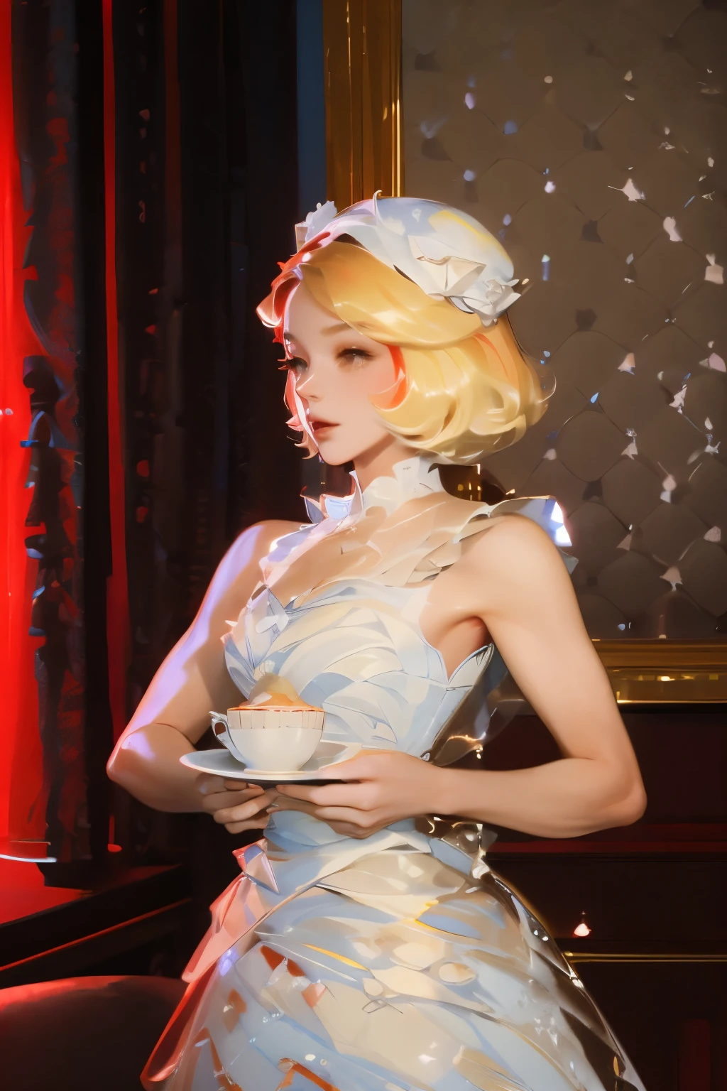 masterpiece, Very detailed, (Red Cliff:1.3), , (1 Girl), Blonde Hair, Soft colors, Comfortable atmosphere, Dessert Display Cabinet, Macaron, cupcake, tart, cake, Coffee machine, Blackboard menu, Natural Lighting, Glass jar filled with candies, Frosted window glass, Decorative plates, Whimsical Decorations, Sugar Sculpture,