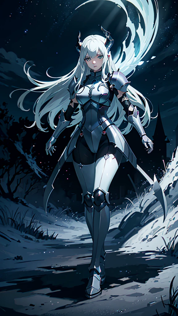 masterpience, best quality, high quality, 8k, anime demon girl, full body, imponent position,dragon armor, very detailed armor, no helmet, silver long hair, green eyes, flame sword, castle background, glowing aura, night sky, stars, realistic ilumination, best quality ilumination.
