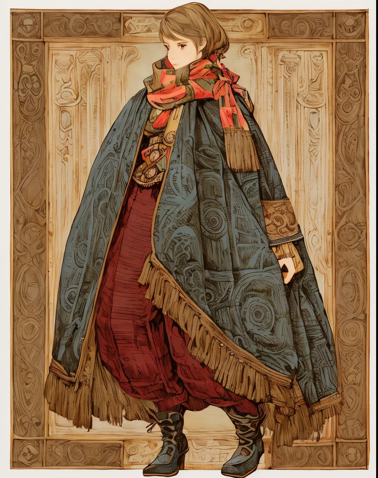 1 short person, Final Fantasy mimic character class, wrapped in patchwork patterned scarves and quilts, cross wrapped scarves, many layers of scarves and quilts, large beads and tassels, body and face wrapped in various patterned quilts and scarves. only their eyes are visible, heavy eyeliner, androgynous face, only clothing is wrapped scarves and quilts, ((entire body image: 1.4)), beautiful elaborate steampunk backfround , game art book style, pen and ink outline, gauche and watercolor painting, pen and ink outlines and details, Akihiko Yoshida Style art, 8k image, gorgeous artwork, masterful painting, whimsical drawing, shoes or boots, 