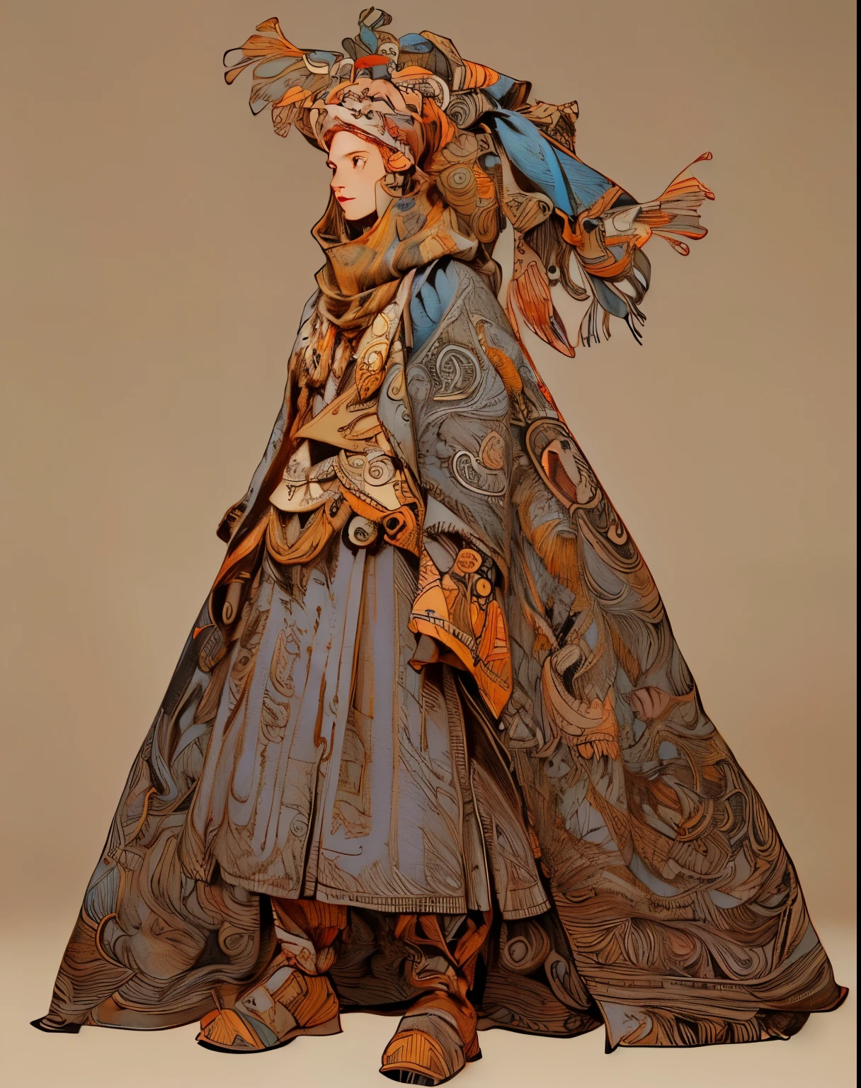 1 short person, Final Fantasy mimic character class, wrapped in patchwork patterned scarves and quilts, cross wrapped scarves, many layers of scarves and quilts, large beads and tassels, body and face wrapped in various patterned quilts and scarves. only their eyes are visible, heavy eyeliner, androgynous face, only clothing is wrapped scarves and quilts, ((entire body image: 1.4)), in a beautiful elaborate steampunk setting, game artbook style, gauche and watercolor paint, pen and ink outlines and details, Akihiko Yoshida Style art, 8k image, gorgeous artwork, masterful image, whimsical drawing, ((entire head and body is in frame: 1.5)), shoes or boots, 