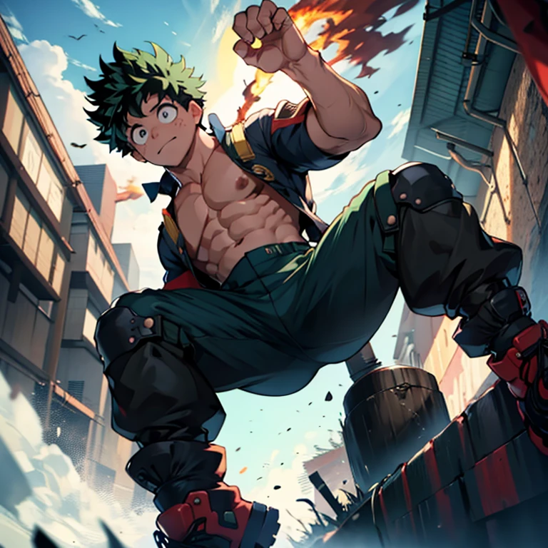 Midoriya Izuku, disfraz de bombero, pantalones de bombero, sin camisa, casco de bombero, manos en los pantalones, musculoso, pecho grande, mirada seductora 