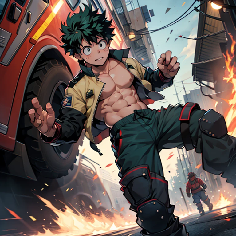 Midoriya Izuku, disfraz de bombero, pantalones de bombero, sin camisa, casco de bombero, manos en los pantalones, musculoso, pecho grande, mirada seductora 