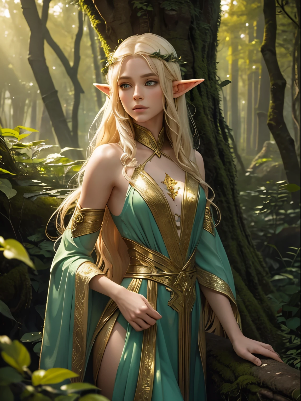 A woman in a green dress standing in a forest - SeaArt AI