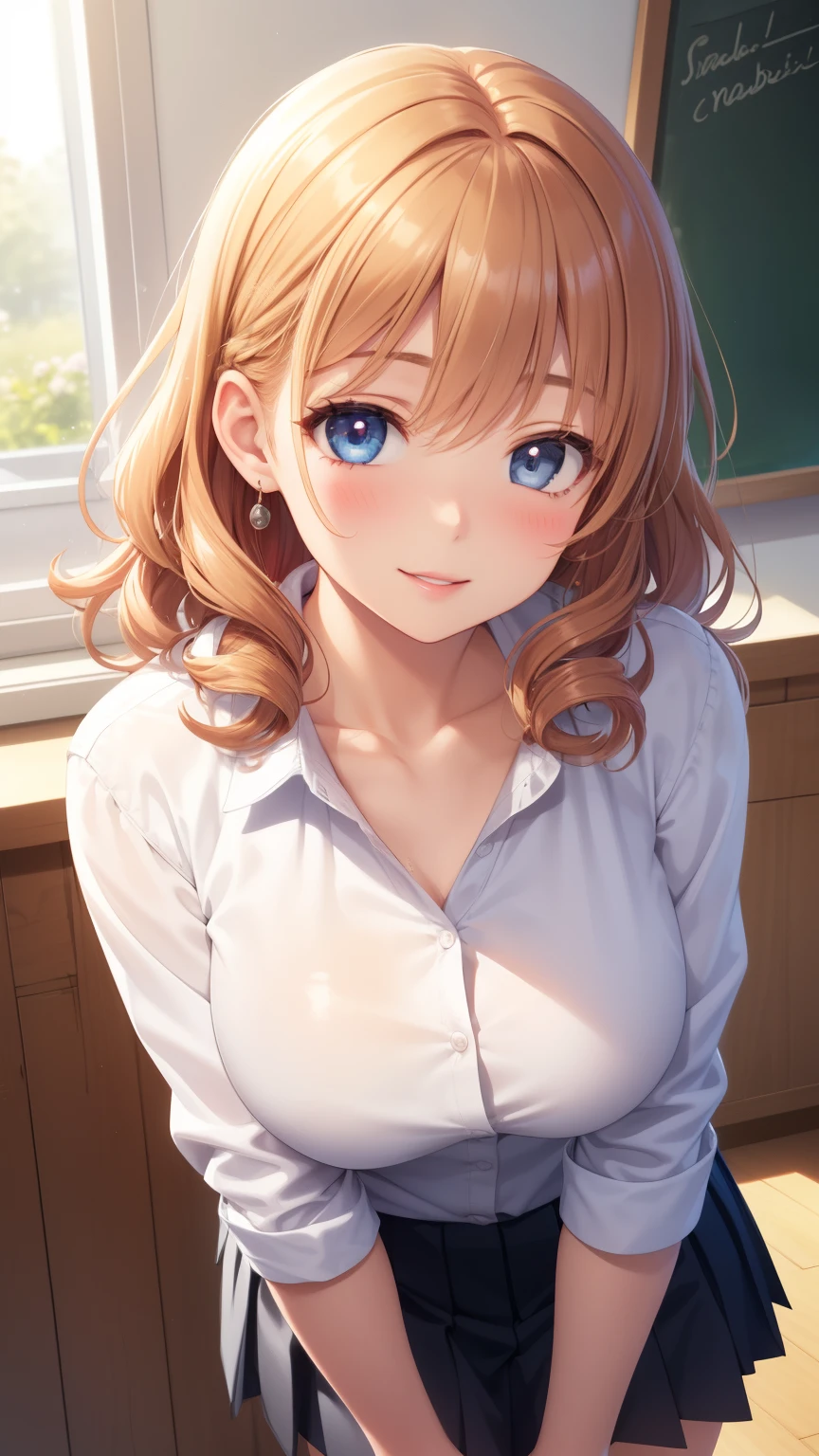 1girl, natural lighting, masterpiece, highly detailed, illustration, game CG, absurdres, high quality, aichan, large breasts, beautiful detailed eyes, detailed hair, glossy lips, blush, school, white shirt, black pleated miniskirt, collarbone, very curly hair, leaning forward, light smile, ((strawberry blonde hair))