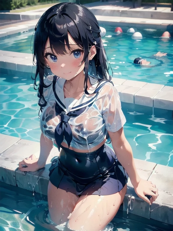 Navy blue mini skirt(Soaked with slimy liquid),high school student(Big Breasts),Sailor suit(White blouse,Soaked with slimy liquid),Soaked with slimy liquid,Wear a navy blue one-piece swimsuit instead of underwear,A pool of slimy liquid,All fours pose,