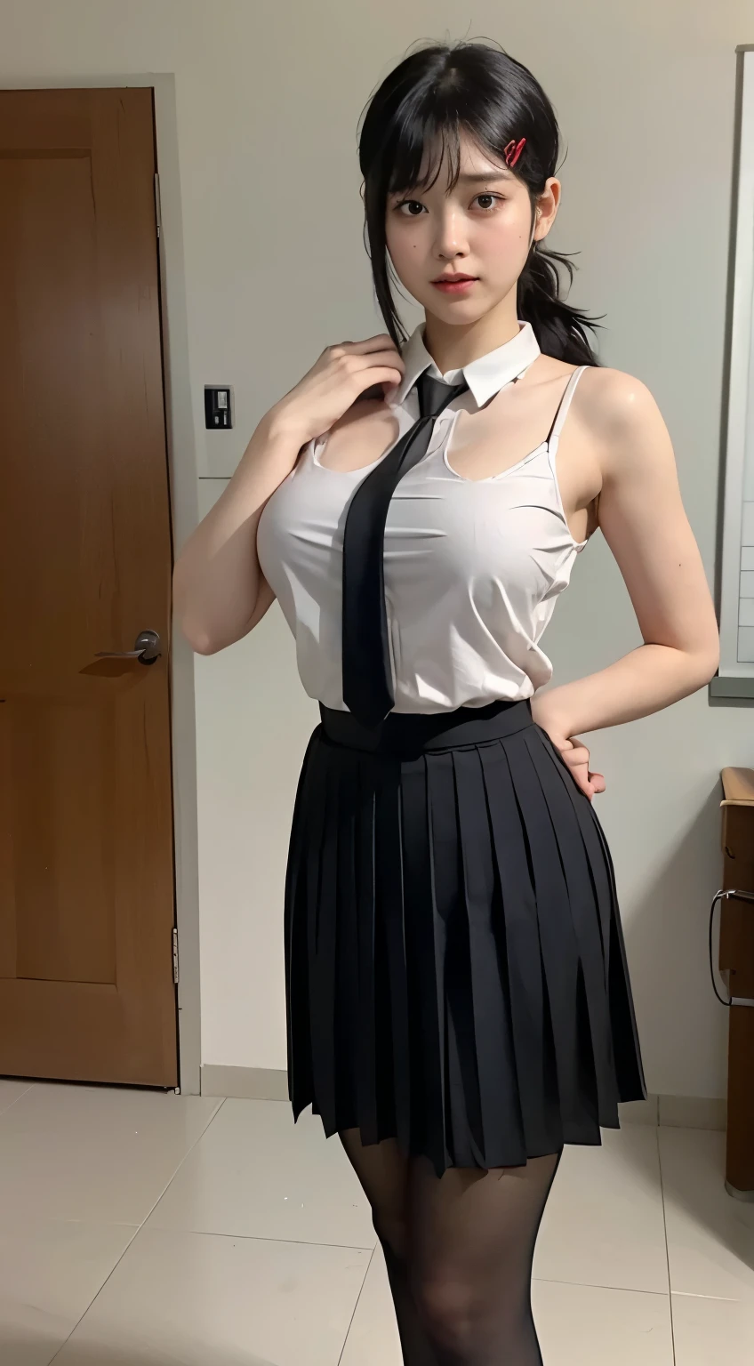 Highest quality、Ultra-high resolution、Professional Lighting、Detailed Background、In the classroom、full body,Kobeni-chan、A sloppy smile、25-year-old woman、beautiful girl、(Kobeni-chan、Jet black hair, Black Hair, bangs, One-sided hair,)、(Red Hair Clip:1.1)、(White sleeveless shirt:1.2)+(Black tie:1.2)+(Grey pleated skirt:1.2)、Black tights、(Huge breasts that look like they might burst:1.2)、(Big thighs:1.1)、Troubled face、Confused Eyes、Raise your arms to show your sides、