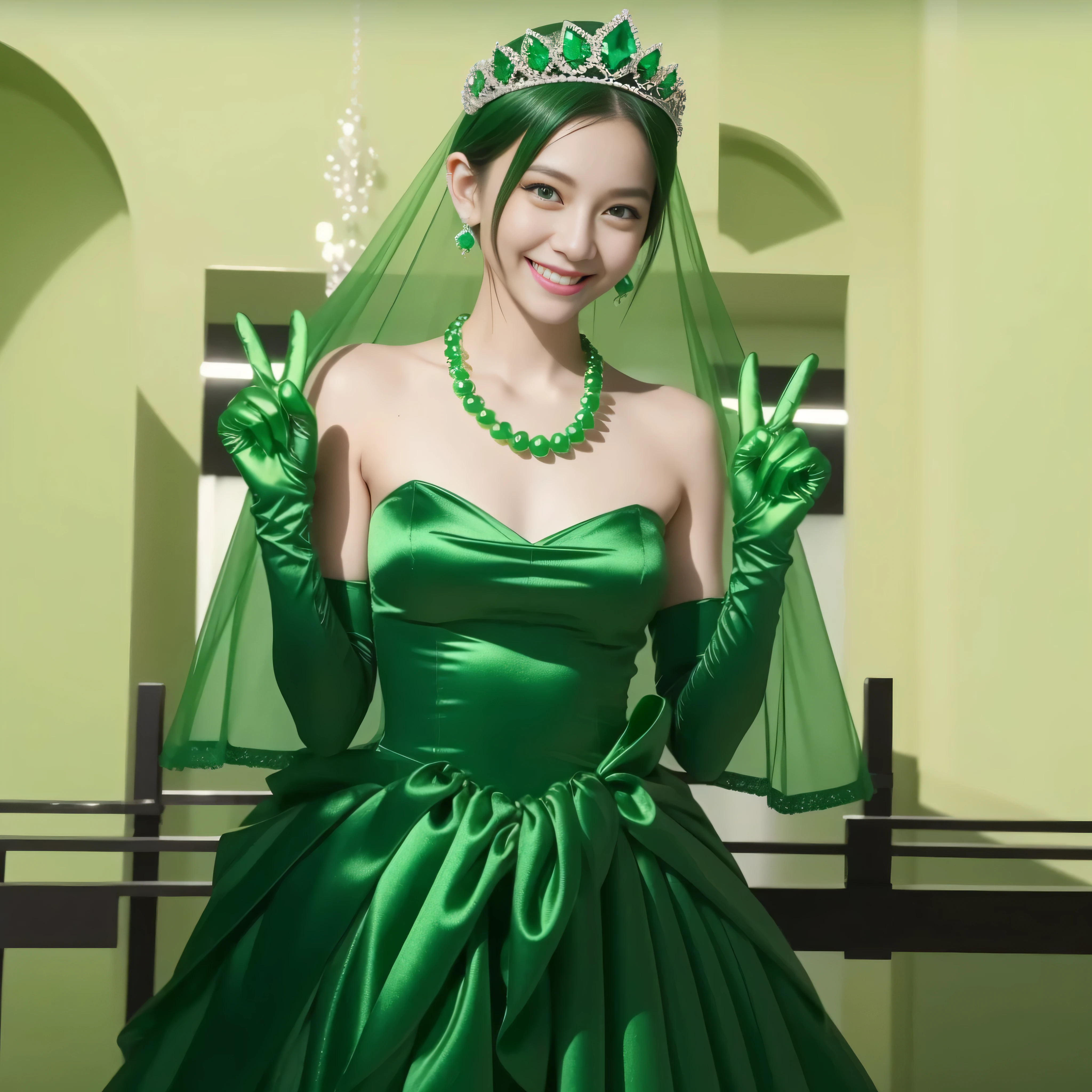Emerald tiara, Green Pearl Necklace, Boyish very short green hair, lipstick, Smiling Japanese woman, Very short hair, Big and beautiful, Green Eyes, Long green satin gloves, Green Eyes, v sign, Emerald Earrings, Green veil