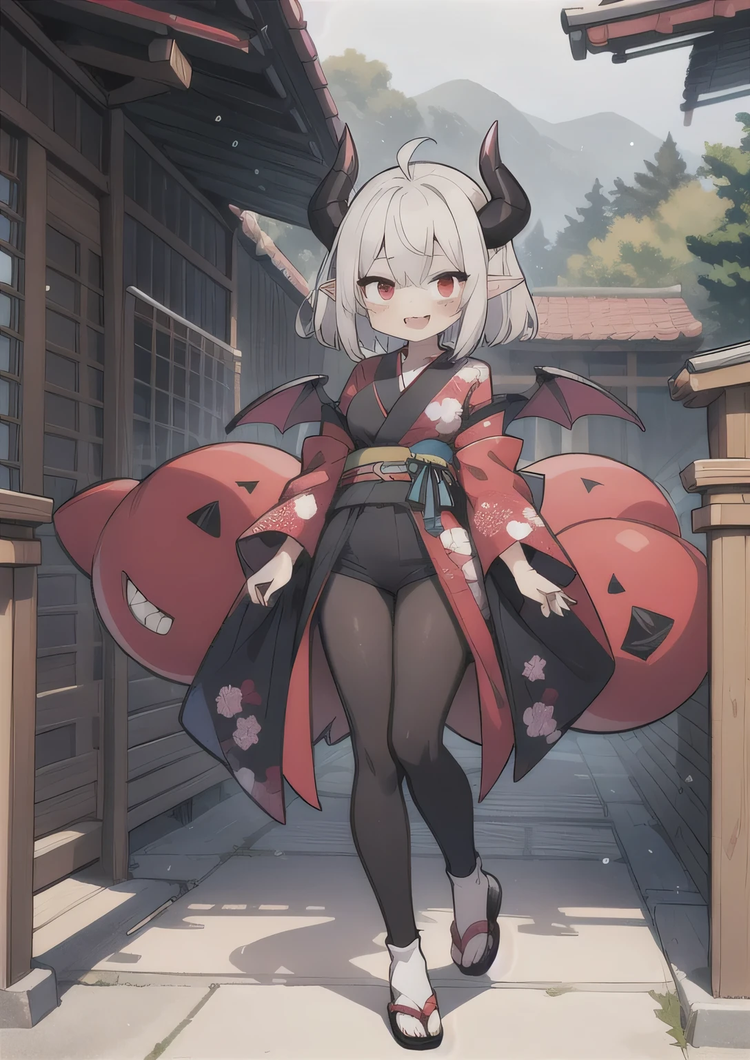 8K, 1girl, petit, adult. kawaii vampire, crimson hair, short hair, red eyes, fang, bat wings, smile, (blush), (shy), pointed ears, looking at viewer,  dynamic angle, wind, game cg, fantastic scenery, devil tail,  demon tail, thin tail, black horns, medium breast, show full body, shrine, yokai, yokai pet, monster, latex outfit, latex, sexy, horny, shiny, kimono