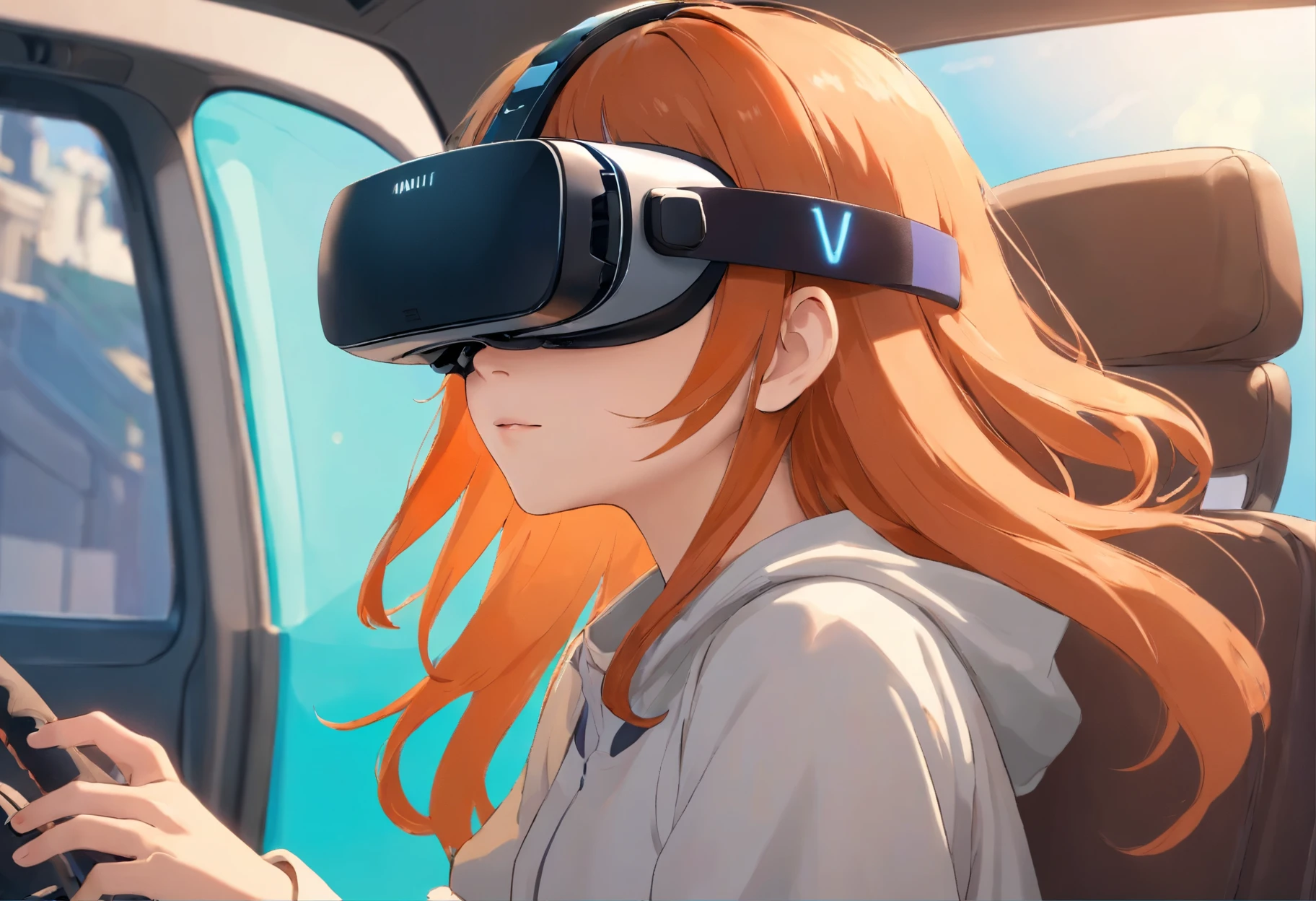 Girl wearing VR, She was driving, anime, Ray Tracing, Stereogram, high quality, Attention to detail, Super detailed, Textured skin, Ultra-high resolution, masterpiece, 最high quality, high quality, Attention to detail, Super detailed, Textured skin, Ultra-high resolution, masterpiece, 最high quality