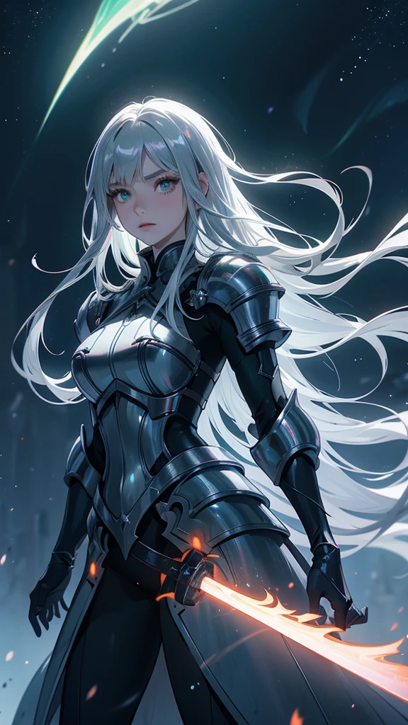 masterpience, best quality, high quality, 8k, anime demon girl, full body, imponent position, heavy dragon armor, no helmet, silver long hair, green eyes, flame sword, castle background, glowing aura, night sky, stars, realistic ilumination, best quality ilumination.