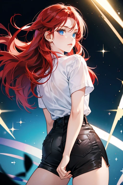 girl with red hair, blue eyes, and a white shirt with black shorts.  SPARKLE; GLITTER