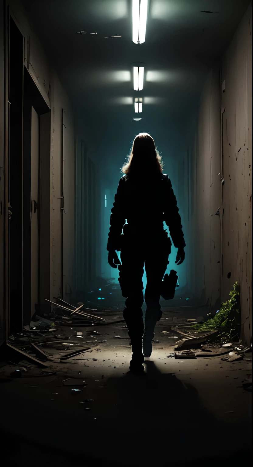 In an abandoned bunker, A woman explores a deserted corridor. Equipped with mechanical limbs, She moves quietly, Stay alert to any potential threats. Sensors in her eyes allow her to see through darkness, Revealing a shabby environment covered with dust and nets. Use with caution, She looked for signs of other survivors or clues that the bunker was abandoned.. Very sensitive hearing,Can detect weak noise,These noises may come from damage to the building or unknown creatures., Prompting her to activate her self-defense mechanism. Despite the uncertainty and potential dangers of the future, She continued to walk through the abandoned facility., Out of a sense of responsibility to disclose. Her mission is to find answers that may help humanity survive in this changing world..