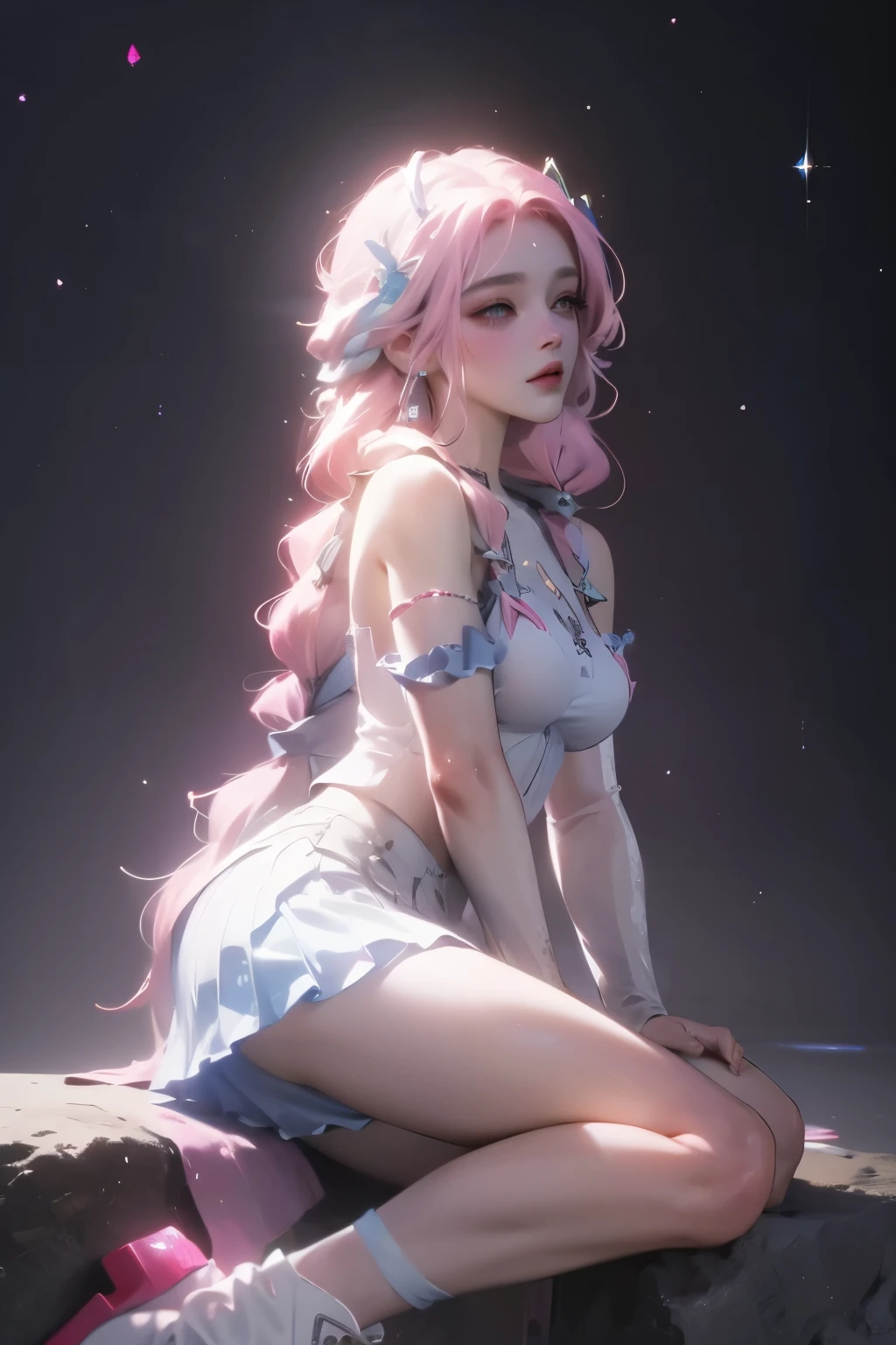 high resolution, best quality, masterpiece, Very high image quality, Extremely detailed, Surrealism, 3D, Japanese cartoons, illustration, fantasy, Hard Rock Girl, very beautiful and cute, Pink wavy hair, Side braids, mini skirt, Knee socks, Engineering boots, Background cyberpunk city galaxy  