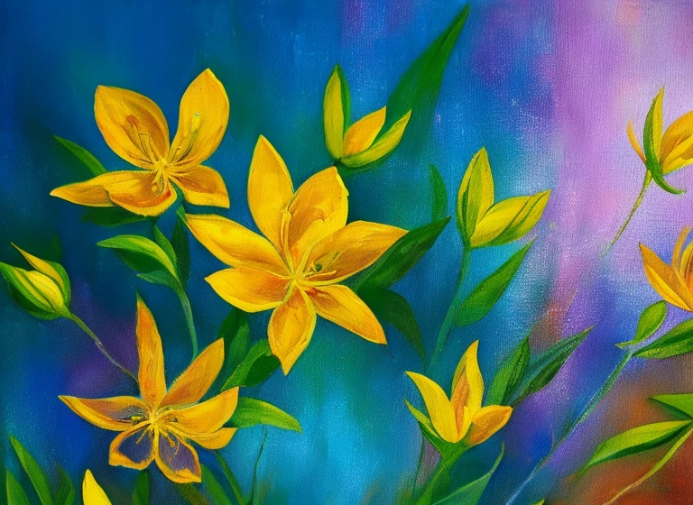 purple and yellow abstract painting of azaleas in bottom left corner of canvas, fade into dark background, water drops on the petals, focus on foreground, thick paint