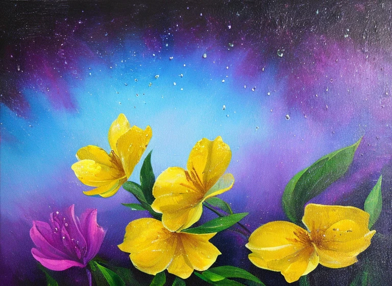 purple and yellow abstract painting of azaleas in bottom left corner of canvas, fade into dark background, water drops on the petals, focus on foreground, thick paint
