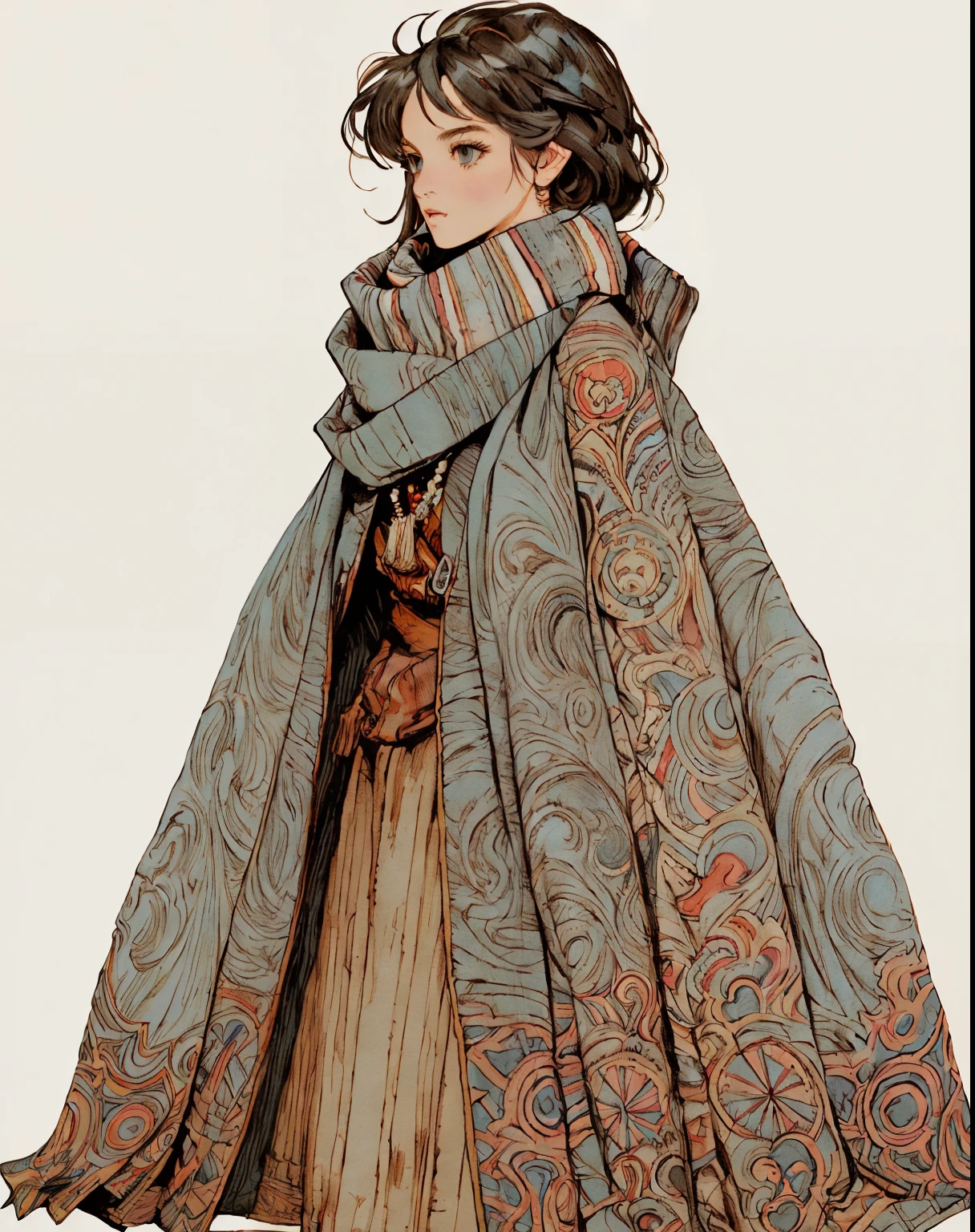 muted color, 1 short person, Final Fantasy mimic character class, wrapped in patchwork patterned scarves and quilts, cross wrapped scarves, many layers of scarves and quilts, large beads and tassels, body and face wrapped in various patterned quilts and scarves. only their eyes are visible, heavy eyeliner, androgynous face, only clothing is wrapped scarves and quilts, ((entire body image: 1.4)), ((dark mysterious elaborate steampunk background: 1.0)), game art book style, pen and ink outline, gauche and watercolor painting, pen and ink outlines and details, Akihiko Yoshida Style art, 8k image, gorgeous artwork, masterful painting, whimsical drawing, ((entire head and body is in view: 1.5)), shoes or boots, 