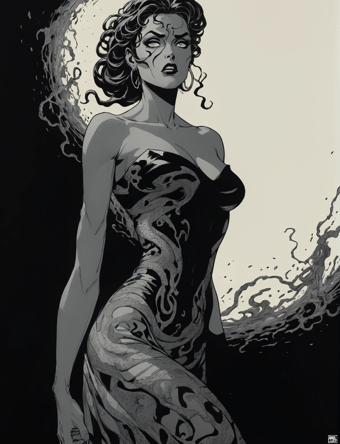 Medusa, Black and white, grayscale, greyscale, splash page decompressed comic cover art, ink style figure, ((expressive Joelle Jones and "Sean Gordon Murphy" comic drawing)), wordless, cinematic poster, double exposure, optical illusion, image within image, abyss void black no visibility darkness, full length portrait