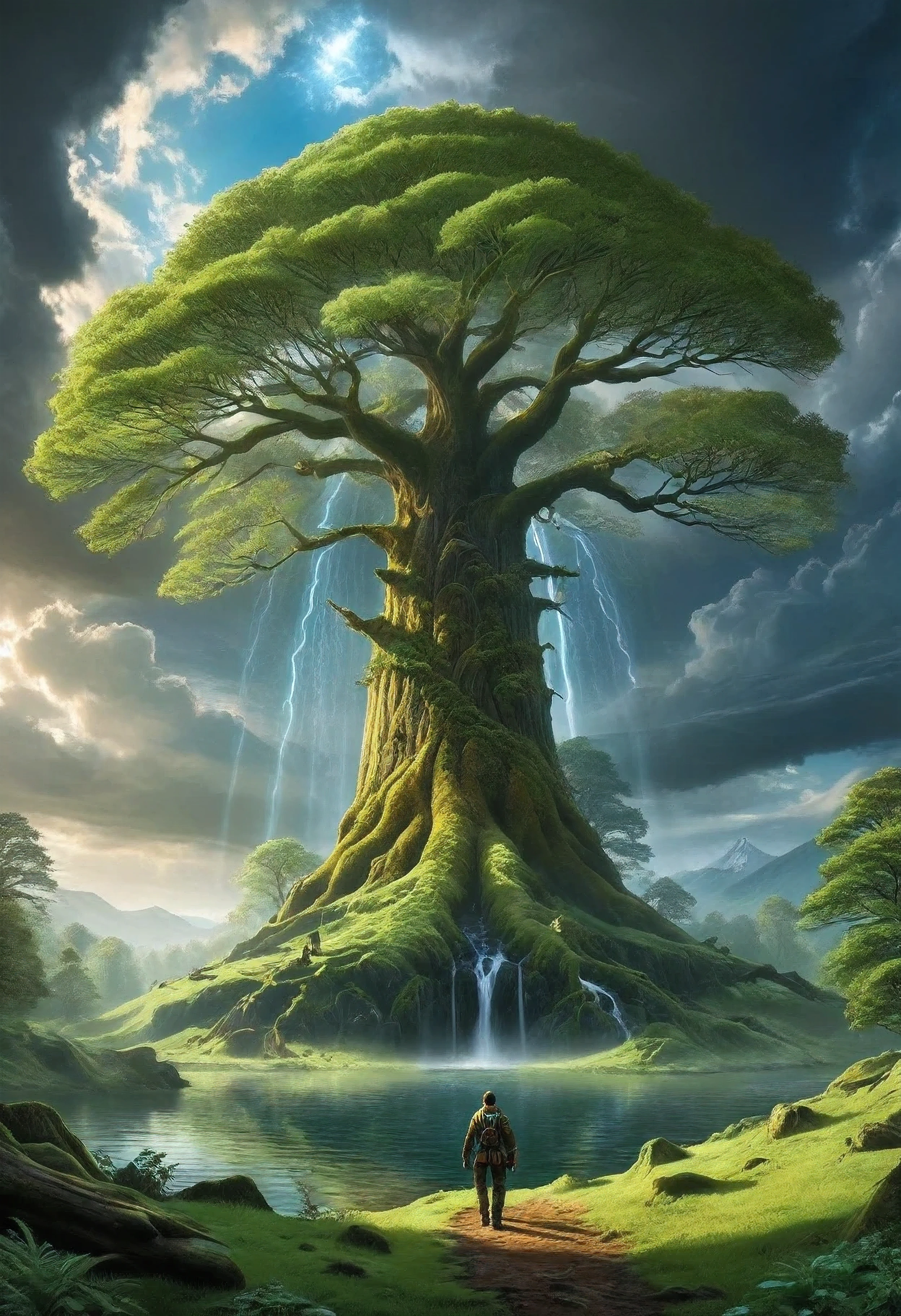 "A lone man approaches the colossal tree, his footsteps echoing in the tranquility disturbed only by the roar of the choppy waters. The lake, mirroring the dramatic sky, seems to take on a life of its own, its waves dancing in a frenzy of wild energy. As he approaches, the tree seems to extend its branches in a welcoming gesture, as if longing for human presence. Its massive trunk, covered in moss and marked by time, tells ancient stories that echo through the centuries. Above, sunlight breaks through the dark clouds, spilling its golden rays over the scene like a divine blessing. The water shines with sparkling reflections, while the leaves of the surrounding trees flutter softly in the blowing wind. Man seems small compared to the grandeur of nature, but his gaze conveys a serene determination and a deep connection with the environment around him. He is immersed in the perfection of the scene, a privileged witness to the harmony between man and the universe. This is more than an image; is a living work of art, a visual symphony that celebrates the beauty and majesty of nature in its purest and most exuberant form."